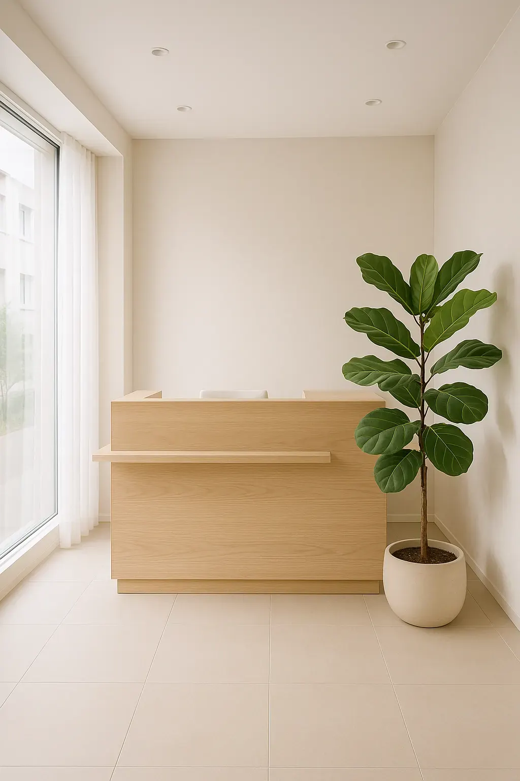 Bright reception of Clinic Braun with natural light and plants